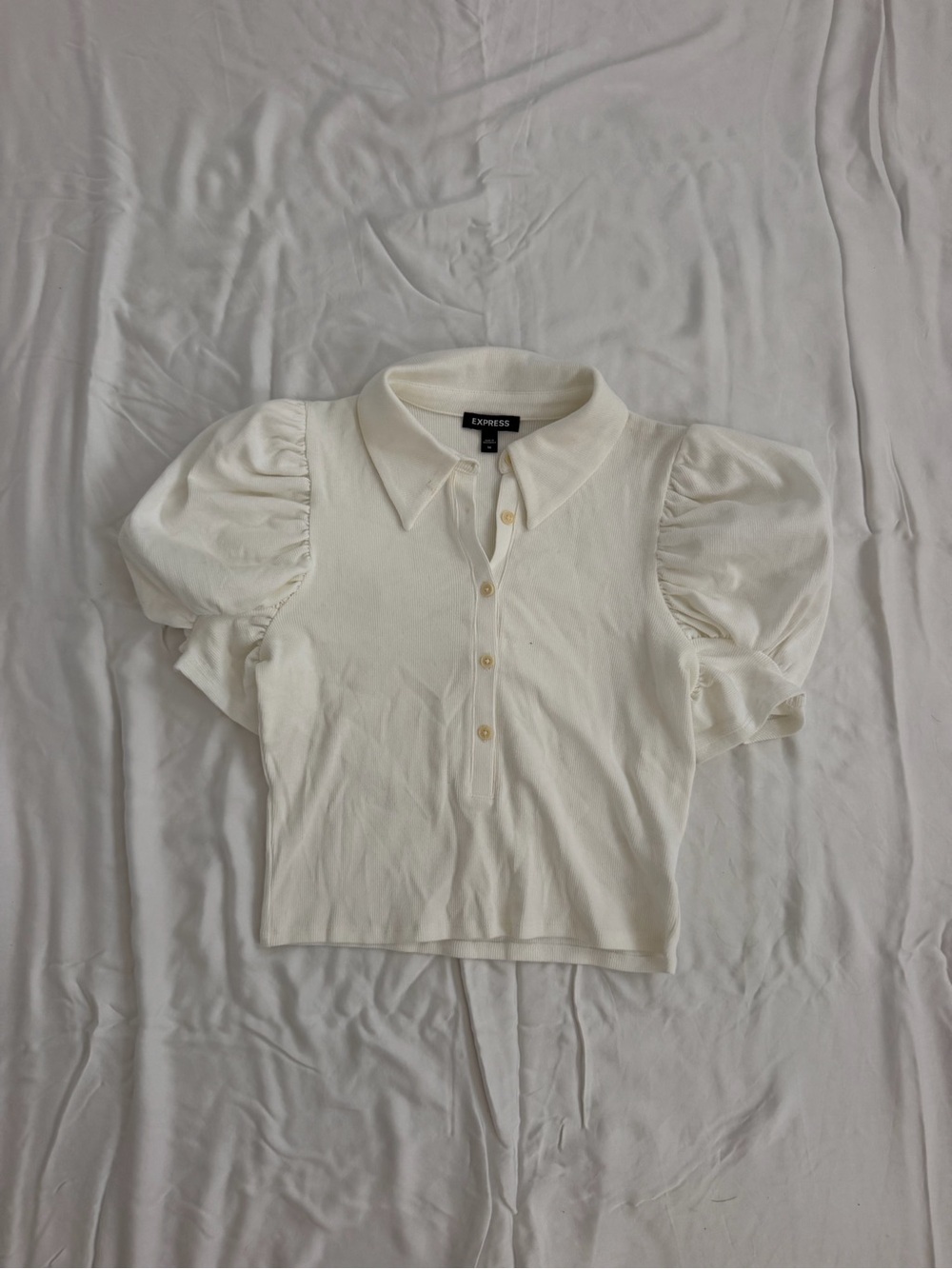 Express White Puff Sleeve Button-Front Polo Top